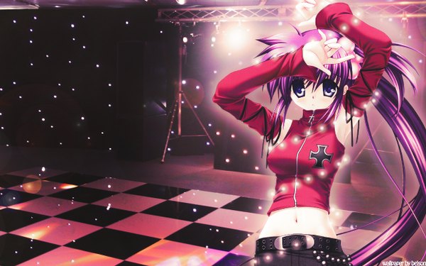 Anime picture 1280x800 with little busters! key (studio) saigusa haruka single long hair looking at viewer blue eyes wide image purple hair ponytail midriff loli wallpaper checkered floor girl navel detached sleeves