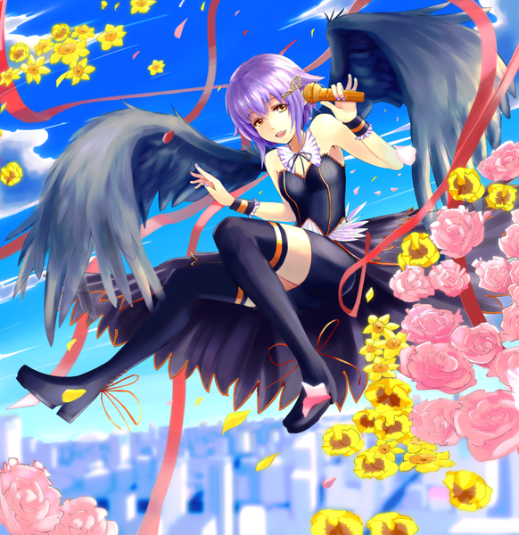 Anime picture 1368x1411 with idolmaster idolmaster cinderella girls koshimizu sachiko single tall image short hair open mouth yellow eyes purple hair girl thighhighs dress flower (flowers) ribbon (ribbons) petals wings microphone