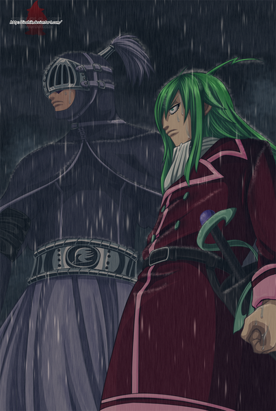 Anime picture 873x1300 with fairy tail freed justine bickslow ioshik long hair tall image fringe green eyes profile green hair hair over one eye night coloring rain boy cloak fist