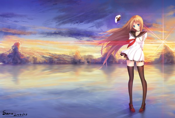 Anime picture 6000x4064 with warship girls r saratoga (warship girls r) snow (676528662) single long hair looking at viewer highres blue eyes brown hair absurdres sky cloud (clouds) evening sunset hat removed girl thighhighs black thighhighs hat sailor suit