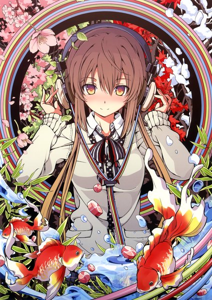 Anime picture 3252x4599 with original eshi 100-nin ten azuma syoujuan long hair tall image looking at viewer blush highres smile brown hair yellow eyes absurdres girl flower (flowers) petals water food sweets headphones sweater