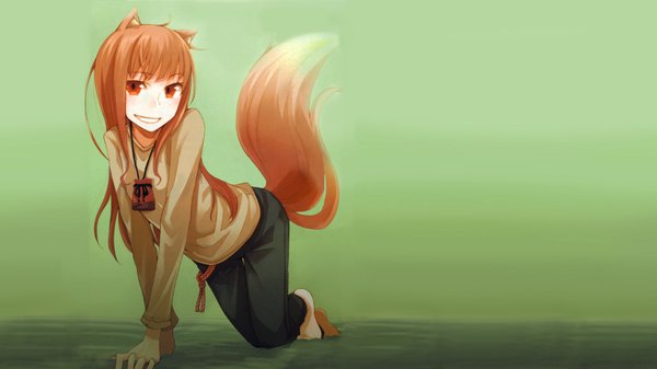 Anime picture 1920x1080 with spice and wolf horo single long hair highres simple background smile red eyes brown hair wide image animal ears on all fours wolf ears wolf tail wolf girl girl