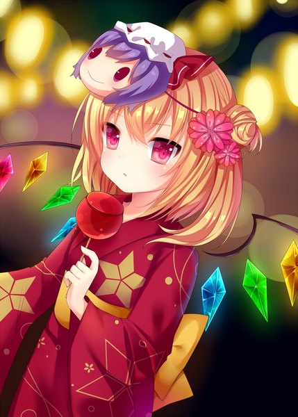 Anime picture 1000x1399 with touhou flandre scarlet remilia scarlet nachi single tall image looking at viewer blush short hair open mouth blonde hair red eyes standing braid (braids) traditional clothes japanese clothes blurry night lens flare flat chest