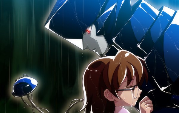 Anime picture 1100x700 with brigadoon marin and meran melan blue asagi marin tetsukuzu tetsuko short hair red eyes brown hair eyes closed profile hug tears rain crying girl glasses mecha