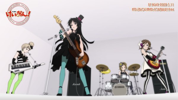 Anime picture 1820x1024 with k-on! kyoto animation akiyama mio hirasawa yui kotobuki tsumugi tainaka ritsu highres wide image jpeg artifacts pantyhose guitar