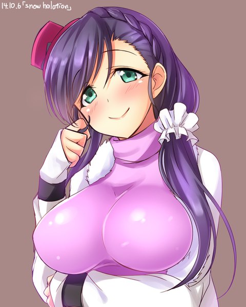 Anime picture 1240x1550 with love live! school idol project sunrise (studio) love live! toujou nozomi yu-ta single long hair tall image breasts light erotic smile large breasts green eyes purple hair braid (braids) long sleeves head tilt latex girl hat