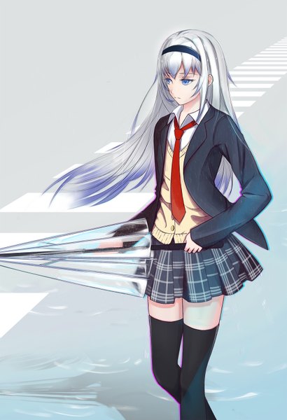 Anime picture 1016x1488 with original ama kajitsu single long hair tall image blue eyes standing holding looking away silver hair bent knee (knees) pleated skirt multicolored hair zettai ryouiki gradient hair open collar closed umbrella girl thighhighs skirt