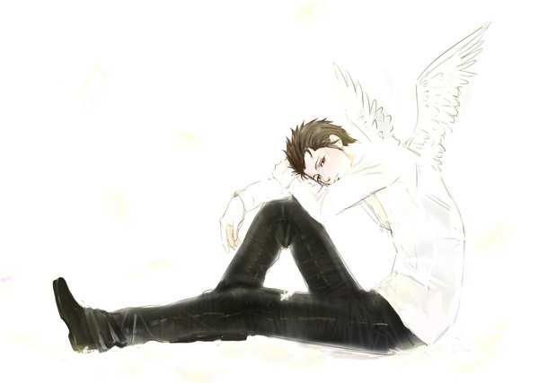 Anime picture 1052x750 with el shaddai lucifel (el shaddai) tagme (artist) single short hair simple background red eyes brown hair white background sitting angel wings boy shirt wings white shirt pants