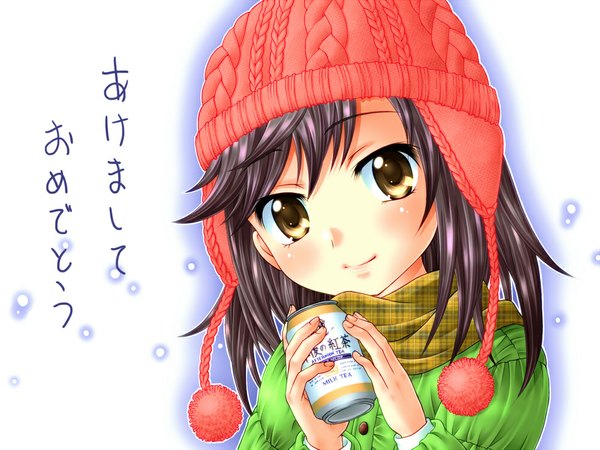 Anime picture 1000x750 with non non biyori silver link ichijou hotaru sachiko (artist) single looking at viewer blush short hair black hair simple background smile white background brown eyes girl scarf cap