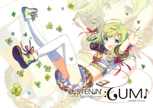 Anime picture 1200x849 with vocaloid gumi h2so4 single long hair looking at viewer open mouth green eyes green hair girl thighhighs dress flower (flowers) bow hair bow white thighhighs boots headphones clover (plant)