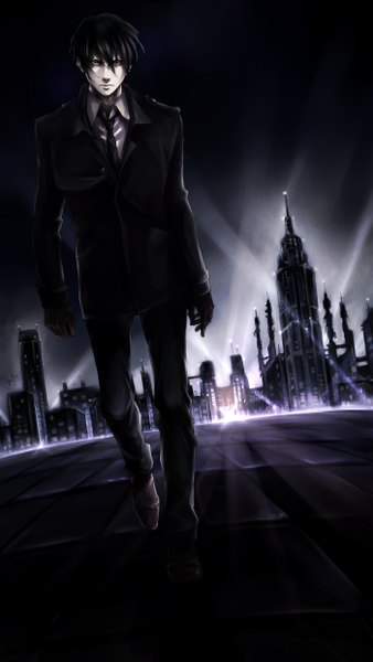 Anime picture 1400x2479 with psycho-pass production i.g nobuchika ginoza lorenamgrim single tall image short hair black hair green eyes city dark background cityscape walking city lights boy gloves black gloves necktie building (buildings) coat