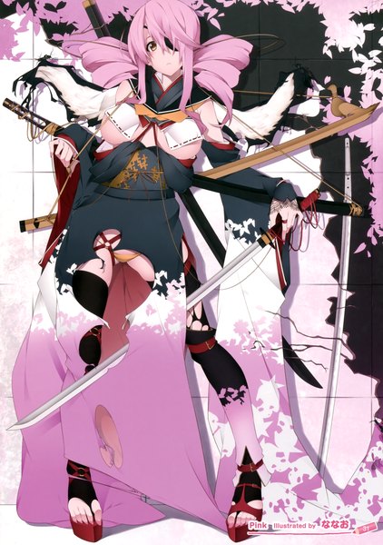 Anime picture 2462x3500 with original nanao (mahaya) single long hair tall image looking at viewer highres breasts light erotic brown eyes pink hair traditional clothes drill hair girl thighhighs weapon black thighhighs sword katana eyepatch