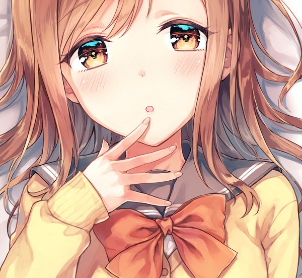 Anime picture 1167x1075 with love live! sunshine!! sunrise (studio) love live! kunikida hanamaru hiten (hitenkei) single long hair looking at viewer blush fringe open mouth brown hair brown eyes upper body lying :o on back finger to mouth girl uniform