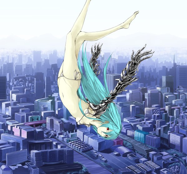 Anime picture 1253x1167 with original solru (tyappygain) single long hair looking at viewer light erotic red eyes barefoot aqua hair city cityscape street mechanical mechanical parts girl navel swimsuit bikini