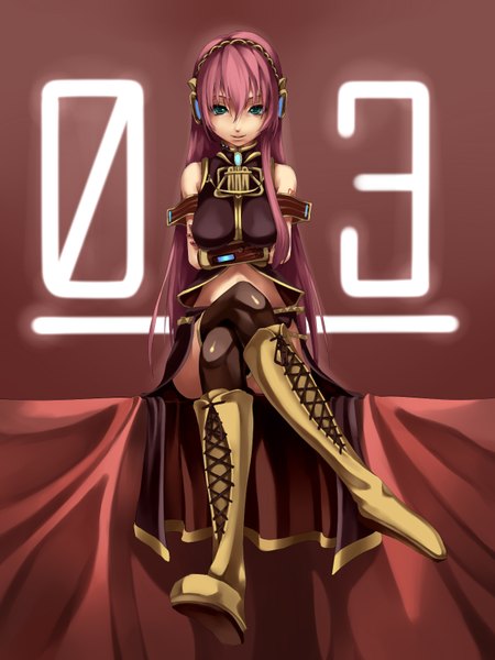 Anime picture 1200x1600 with vocaloid megurine luka foge single long hair tall image breasts smile large breasts sitting green eyes pink hair nail polish crossed legs crossed arms lacing girl thighhighs black thighhighs boots