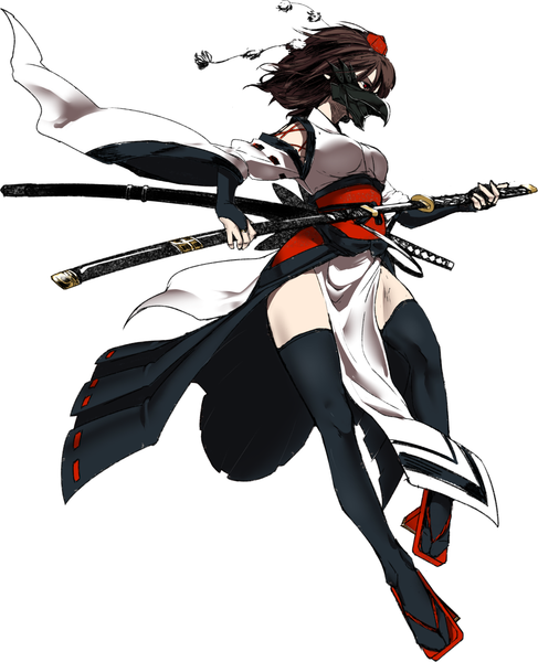 Anime picture 1000x1233 with touhou shameimaru aya shukusuri single tall image short hair breasts simple background red eyes brown hair white background holding looking away bent knee (knees) wide sleeves official alternate costume serious dual wielding unsheathing kourindou tengu costume