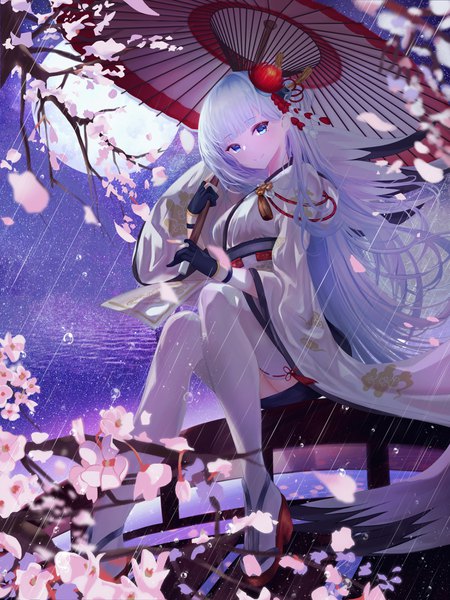 Anime picture 3000x4000 with azur lane shoukaku (azur lane) neiless neiro single long hair tall image looking at viewer blush fringe highres breasts blue eyes sitting holding silver hair blunt bangs traditional clothes head tilt japanese clothes hair flower