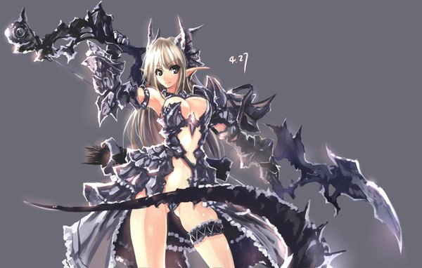 Anime picture 997x635 with windforcelan single long hair breasts blue eyes light erotic simple background blonde hair smile tail horn (horns) pointy ears grey background demon girl girl weapon armor huge weapon bow (weapon)