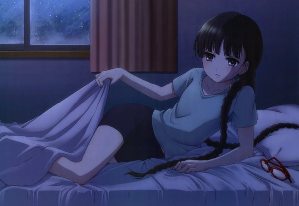 Anime picture 5920x4093 with rdg red data girl p.a. works nyantype suzuhara izumiko single long hair highres black hair brown eyes absurdres braid (braids) official art girl glasses shorts window bed t-shirt