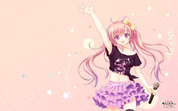 Anime picture 1920x1200 with alpha (yukai na nakamatachi) single long hair looking at viewer blush highres open mouth wide image purple eyes twintails pink hair girl skirt navel bow hair bow miniskirt star (symbol) microphone