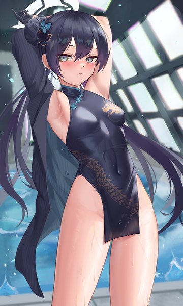 Anime picture 3000x5000 with blue archive kisaki (blue archive) jixo (user nzhc8728) single long hair tall image looking at viewer blush fringe highres light erotic black hair hair between eyes standing traditional clothes black eyes arms up armpit (armpits) wet hair bun (hair buns)