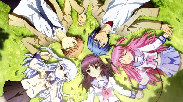 Anime picture 1920x1080 with angel beats! key (studio) tachibana kanade nakamura yuri yui (angel beats!) otonashi yuzuru hinata hideki long hair highres short hair blonde hair smile brown hair wide image multiple girls green eyes yellow eyes blue hair pink hair silver hair