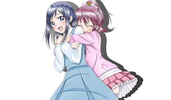 Anime picture 1000x590 with precure dokidoki! precure toei animation aida mana hishikawa rikka roaru (gyuren) blush short hair open mouth blue eyes simple background wide image white background multiple girls blue hair purple hair eyes closed shadow hug girl