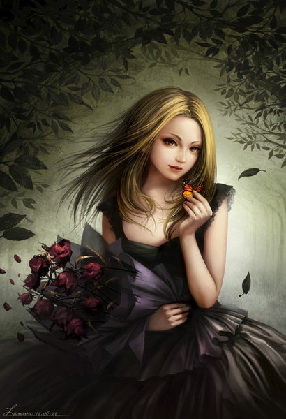 Anime picture 684x1000 with original lan wu single long hair tall image looking at viewer blonde hair brown eyes signed realistic girl dress flower (flowers) plant (plants) petals tree (trees) black dress rose (roses) leaf (leaves) insect