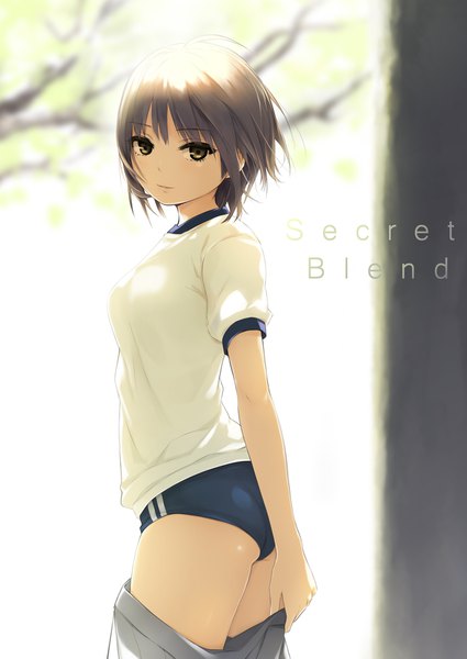 Anime picture 1254x1771 with original aoyama sumika coffee-kizoku single tall image looking at viewer fringe short hair breasts light erotic holding brown eyes payot ahoge ass sunlight blurry inscription short sleeves depth of field