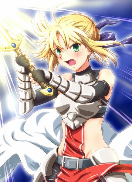 Anime picture 765x1054 with fate (series) fate/stay night hidan no aria type-moon artoria pendragon (all) saber jeanne d'arc (hidan no aria) kawasumi ayako diesel-turbo single tall image looking at viewer blush short hair open mouth blonde hair holding green eyes braid (braids) sunlight