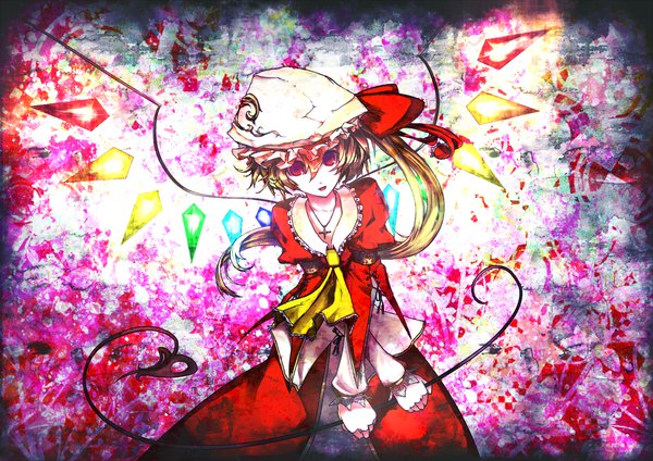 Anime picture 2480x1753 with touhou flandre scarlet kusakanmuri single long hair fringe highres open mouth blonde hair smile hair between eyes red eyes holding long sleeves puffy sleeves side ponytail glowing girl weapon hat