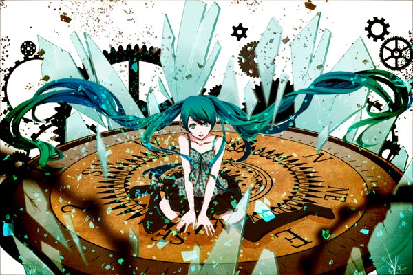 Anime picture 1500x1000 with vocaloid hatsune miku rua (k-tie) single looking at viewer twintails very long hair aqua eyes aqua hair girl thighhighs dress black thighhighs gears