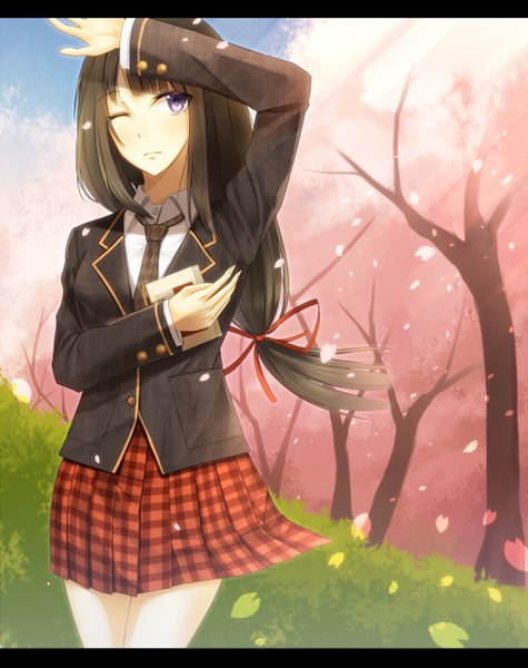 Anime picture 1000x1263 with original karube karu single long hair tall image black hair purple eyes one eye closed wink cherry blossoms girl skirt uniform plant (plants) school uniform petals tree (trees)