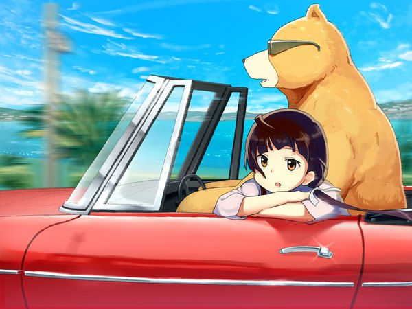 Anime picture 2000x1500 with kumamiko amayadori machi natsu (kumamiko) tomitayaki long hair fringe highres open mouth brown hair twintails brown eyes sky outdoors wind blurry :o low twintails crossed arms mountain driving