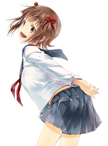 Anime picture 892x1200 with idolmaster amami haruka yae (mono110) single tall image looking at viewer fringe short hair open mouth blue eyes simple background brown hair white background brown eyes pleated skirt sunlight skirt uniform bow hair bow