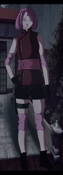 Anime picture 1100x3022 with naruto studio pierrot naruto (series) haruno sakura animezona single long hair tall image looking at viewer simple background standing bare shoulders green eyes pink hair light smile coloring facial mark hands on hips girl gloves