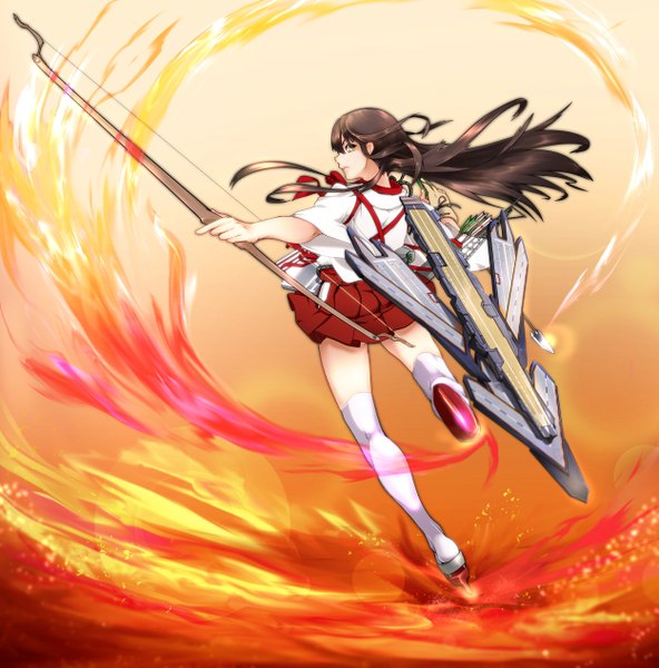 Anime picture 1250x1268 with kantai collection akagi aircraft carrier big.g single long hair tall image highres brown hair brown eyes traditional clothes japanese clothes from behind girl thighhighs skirt weapon white thighhighs fire bow (weapon) arrow (arrows)