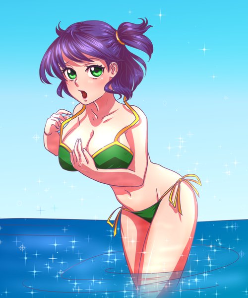 Anime picture 1890x2267 with everlasting summer iichan eroge lena (everlasting summer) orika nekoi single tall image looking at viewer blush fringe highres short hair breasts open mouth light erotic large breasts green eyes purple hair leaning leaning forward girl