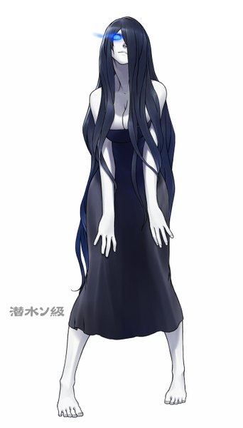 Anime picture 800x1400 with kantai collection so-class submarine wata do chinkuru single tall image looking at viewer fringe breasts blue eyes black hair simple background large breasts standing white background bare shoulders cleavage very long hair barefoot hair over one eye inscription