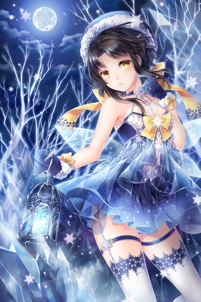Anime picture 827x1240 with sword girls sita vilosa silverbin single tall image looking at viewer short hair black hair yellow eyes night armpit (armpits) snowing winter bare tree starry sky print constellation space print girl thighhighs dress