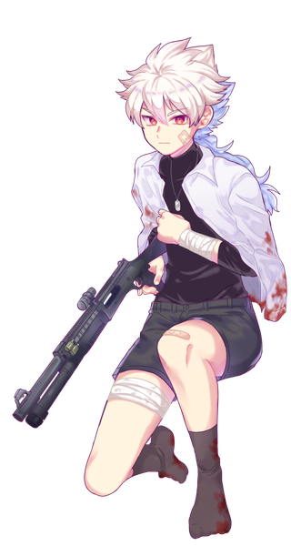 Anime picture 800x1500 with inazuma eleven inazuma eleven go hakuryuu (inazuma eleven) tete (tetenim) single long hair tall image red eyes blue hair looking away full body bent knee (knees) white hair multicolored hair two-tone hair open shirt no shoes transparent background bloody clothes bandaid on face