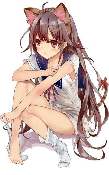 Anime picture 1074x1717 with original nagata ozu single long hair tall image blush fringe simple background red eyes brown hair white background sitting holding animal ears looking away ahoge bent knee (knees) tail animal tail barefoot