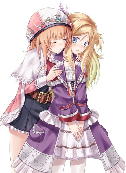 Anime picture 1240x1700 with atelier (series) gust (company) totooria helmold cuderia von feuerbach suzushiro yukari long hair tall image blush blue eyes simple background blonde hair white background multiple girls one eye closed wink girl dress 2 girls hat