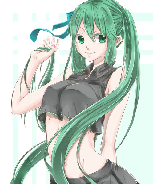 Anime picture 1546x1865 with vocaloid hatsune miku ame nochi ame single long hair tall image looking at viewer fringe breasts smile standing twintails bare shoulders green eyes nail polish green hair bare belly arched back arm behind back holding hair