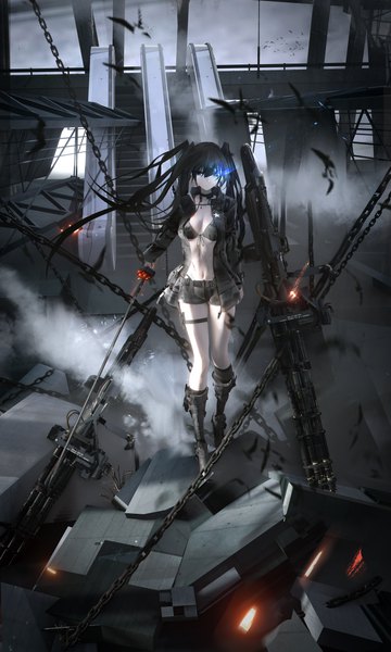 Anime picture 3000x5000 with black rock shooter black rock shooter (character) cell (acorecell) long hair tall image looking at viewer fringe highres breasts blue eyes light erotic black hair hair between eyes standing holding outdoors braid (braids) long sleeves open jacket thighs