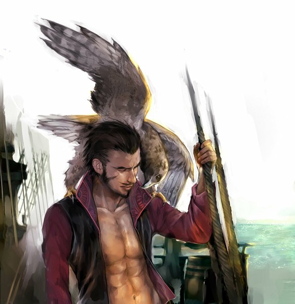 Anime picture 1024x1055 with one piece toei animation dracule mihawk tall image short hair black hair eyes closed open clothes open shirt boy animal bird (birds) beard watercraft rope ship