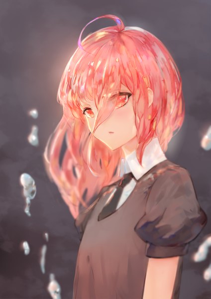 Anime picture 1200x1697 with houseki no kuni cinnabar (houseki no kuni) kisei2 single long hair tall image looking at viewer fringe simple background red eyes pink hair upper body ahoge hair over one eye grey background puffy sleeves androgynous necktie mercury