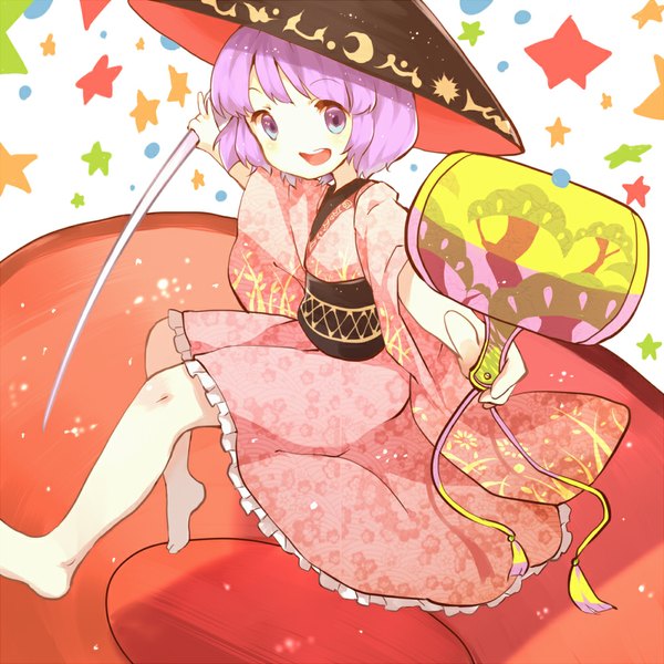 Anime picture 1000x1000 with touhou sukuna shinmyoumaru hillly (maiwetea) single looking at viewer blush short hair open mouth purple eyes holding purple hair traditional clothes japanese clothes barefoot girl hat kimono star (symbol) obi
