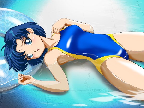 Anime picture 1200x900 with bishoujo senshi sailor moon toei animation mizuno ami pirochi short hair blue eyes blue hair lying partially submerged afloat swimsuit earrings water jewelry swim ring competition swimsuit