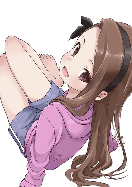 Anime picture 2508x3541 with idolmaster minase iori yamamoto souichirou single long hair tall image looking at viewer highres open mouth simple background brown hair white background brown eyes looking back barefoot arm support girl bow hair bow hood